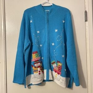 Festive Blue Cardigan with Snowman Design